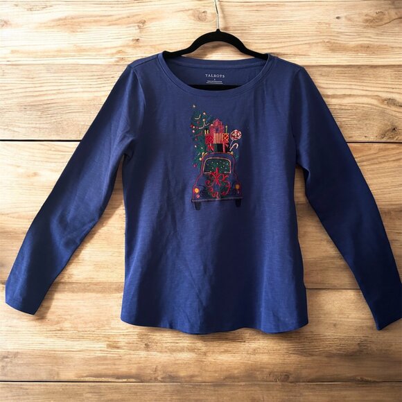 Talbots Christmas Embroidered Crewneck Long Sleeve Tee Size Small - Picture 2 of 11